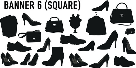 Obraz premium Stylish collection of fashionable footwear and handbags in silhouette