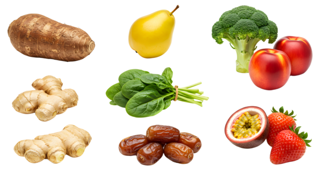 Fresh tropical and common fruits and vegetables assortment with yam, pear, broccoli, tomatoes, ginger, spinach, dates, passion fruit, and strawberries