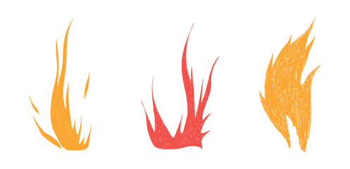 Hand drawn Fire Flame set. Hot crayon flames shapes in cartoon style. Grunge grafitti icons for tattoo, punk rock stickers, sketch. Funky yellow, red chalk brush elements. Isolated doodle vector illus