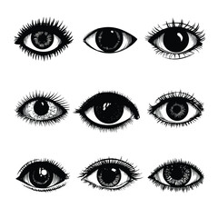 Collection of black and white eyeball silhouettes