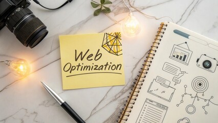 Creative workspace with camera, notes, and light for web optimization and digital marketing strategies