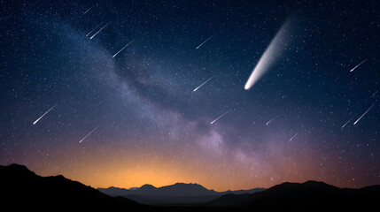 Fantasy Night Sky with Comet, Milky Way and Meteor Shower