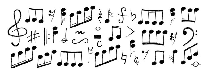 Crayon pastel or chalk music note signs doodle hand drawn symbol shapes set. Chalkboard textured musical symbols treble, bass clefs, pauses doodle collection.