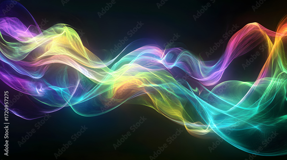 Poster vibrant, flowing ethereal light waves in a spectrum of rainbow colors creating a dynamic, energetic,