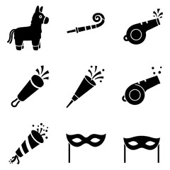 Set of party icons including piñata, party blower, whistle, confetti popper, and masquerade masks for celebrations