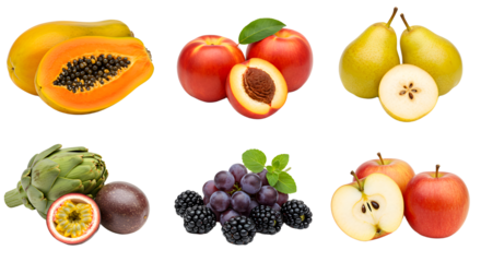 Fresh assortment of tropical and temperate fruits including papaya, passion fruit, apricot, black grapes, apples, pears, and artichoke, perfect for healthy eating and nutrition content