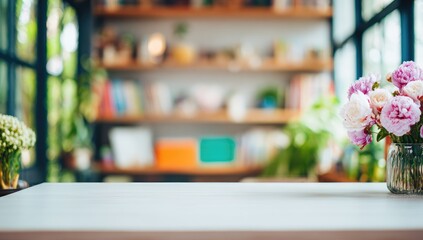 A tranquil indoor scene showcasing a bouquet of pink and white flowers in a glass vase on a white table, with a blurred background of a cozy room filled with bookshelves and plants.