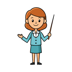 Cute Female Teacher Explaining Lesson with Pointing Stick – Flat Cartoon Vector Illustration