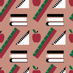 Colorful Vector Pattern with Apples, Books, Rulers, and Pencils – Seamless Teachers’ Day Background