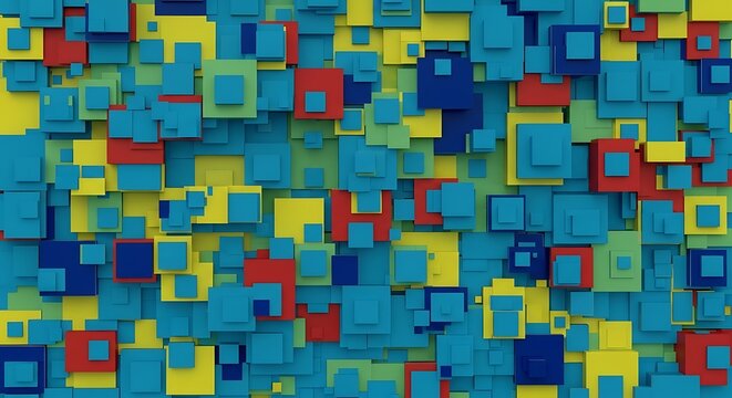 A vibrant, geometric pattern composed of overlapping squares in a multitude of bright colors.