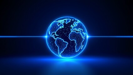 Glowing blue digital earth globe with horizontal light streaks on a dark background representing global connectivity and technology