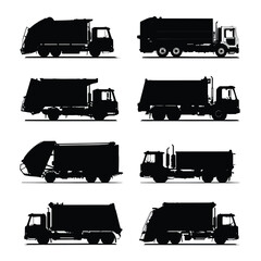 Collection of garbage truck silhouettes in black and white