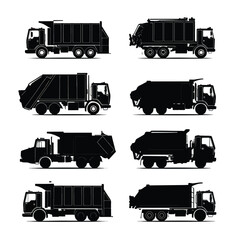 Black and white garbage truck silhouettes collection