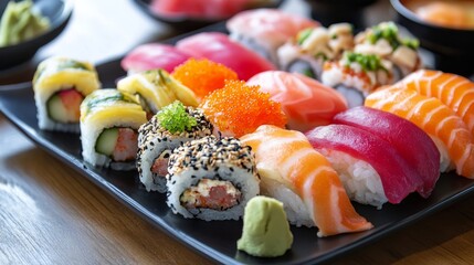 45.A beautifully styled plate of ready-made food, featuring a colorful assortment of sushi rolls, fresh sashimi, and pickled ginger, arranged on a modern black plate. The dish looks freshly prepared
