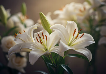 Fototapeta premium Stunning White Lily Bouquet Elegant Floral Arrangement, Fresh Cut Flowers, Close-up Beauty, Nature's Bloom.