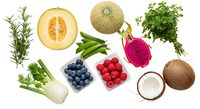 Fresh assortment of vegetables and fruits : cantaloupe, blueberries, raspberries, dragon fruit, coconut, fennel, snap peas, rosemary, and mint herbs , perfect for healthy eating or cooking