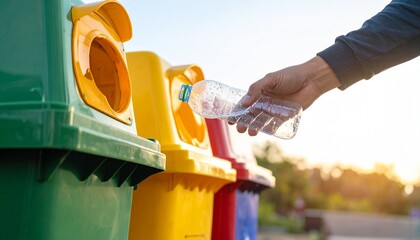 A close-up of a male hand throwing an empty plastic bottle into a recycling bin. The colorful recycling container stands out, symbolizing waste sorting, environmental awareness, and sustainability. Th