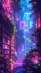 Neon Lit Tropical Library Pathway
