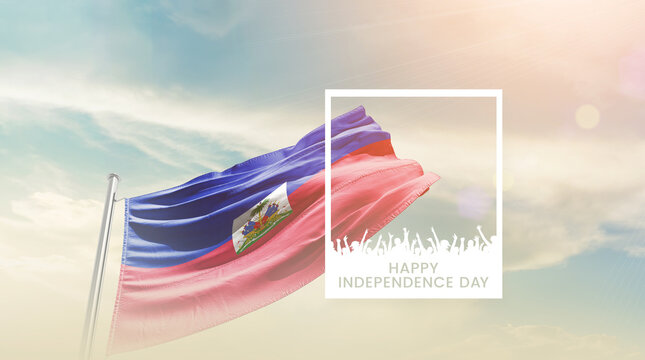 Haiti flag waving proudly under a bright sky with text happy independence day. Haitinational flag for independence day. - Powered by Adobe