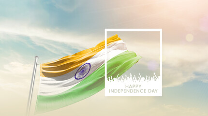 India flag waving proudly under a bright sky with text happy independence day. India national flag...