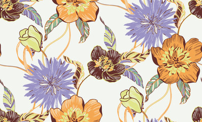 Seamless botanical pattern with hand-drawn retro style flowers. vibrant orange, lavender, brown, and pale green. Ideal for apparel, fabric prints, home décor, and digital design projects.