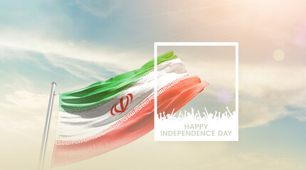 Iran flag waving proudly under a bright sky with text happy independence day. Iran national flag...