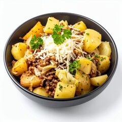 Culinary presentation featuring potatoes, buckwheat and herbs against white background