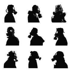 Set of gas mask silhouettes in black and white