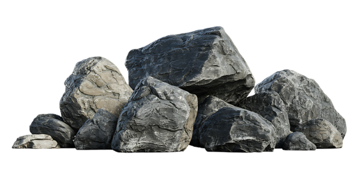 Collection of Smooth Polished River Stones Isolated on Transparent Background,Pile of Natural Gray Rocks Isolated,Grey Rocks and Stones Pile on Sandy Base,Dark Grey Rocks Piled Together for Natural,Ai