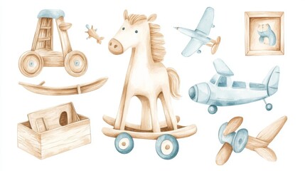 105.A delightful hand-drawn watercolor design featuring various classic wooden toys like a rocking horse, a wooden puzzle, and a toy airplane. The vintage style is highlighted through subtle colors,