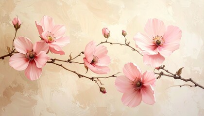 Pink Blossom Branch on Beige Background