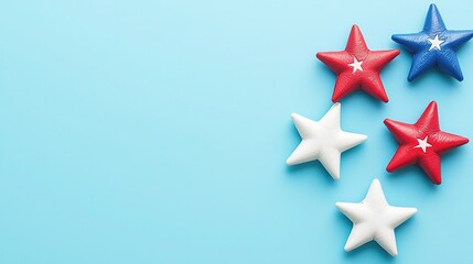 Obraz premium Red, white, and blue stars on light blue background with space for text, USA Independence Day concept 