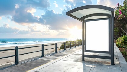 Coastal Bus Stop Billboard Mockup: Beachfront Advertising Space