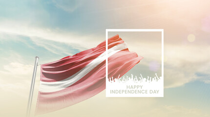 Latvia flag waving proudly under a bright sky with text happy independence day. Latvia national...