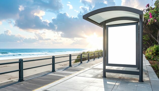 Coastal Bus Stop Billboard Mockup: Beachfront Advertising Space - Powered by Adobe