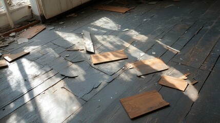 Shadows fall over a dark floor littered with broken wood, plaster, and metal.
