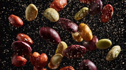 Colorful bean varieties bursting like fireworks against a starry backdrop, each one releasing vibrant glowing life-energy particles, creating stunning visual display of energy, movement, color cosmic 