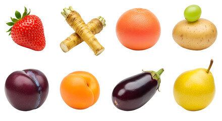 Fresh variety of fruits including strawberry, grapefruit, apricot, eggplant, lemon, and more on white background, perfect for healthy eating concepts