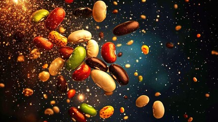 Colorful bean varieties bursting like fireworks against a starry backdrop, each one releasing vibrant glowing life-energy particles, creating stunning visual display of energy, movement, color cosmic 