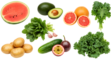 Fresh healthy fruits and vegetables : watermelon, avocado, grapefruit, kale, potatoes, cucumber, passion fruit, spinach, and garlic on white background, perfect for health and nutrition content