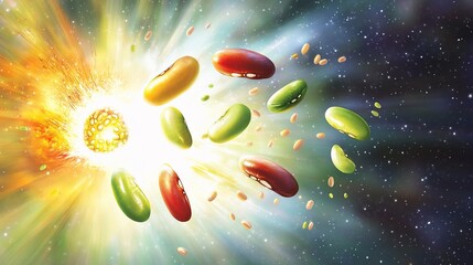 Colorful bean varieties bursting like fireworks against a starry backdrop, each one releasing vibrant glowing life-energy particles, creating stunning visual display of energy, movement, color cosmic 