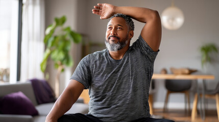 Fototapeta premium A man with obesity doing light stretching at home, working on his flexibility