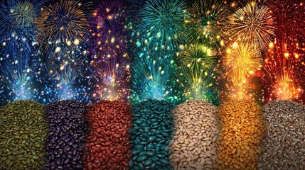 Colorful bean varieties bursting like fireworks against a starry backdrop, each one releasing vibrant glowing life-energy particles, creating stunning visual display of energy, movement, color cosmic 