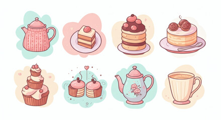 Charming pastel illustrations of delicious desserts, teapots, and teacups, perfect for a delightful sweet tea time collection