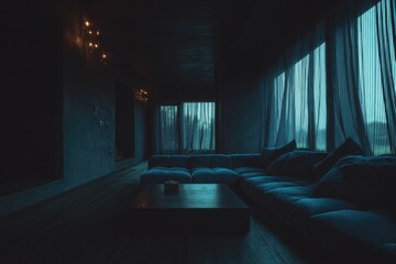 Fototapeta premium A dimly lit, modern living area bathed in a deep teal-blue hue, featuring a sectional sofa and large windows with sheer curtains.