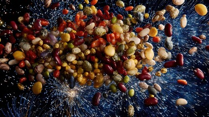 Colorful bean varieties bursting like fireworks against a starry backdrop, each one releasing vibrant glowing life-energy particles, creating stunning visual display of energy, movement, color cosmic 