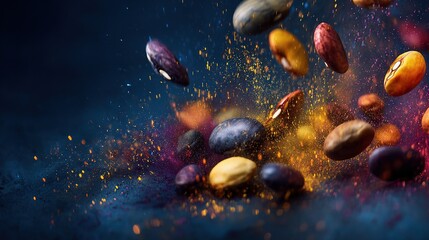 Colorful bean varieties bursting like fireworks against a starry backdrop, each one releasing vibrant glowing life-energy particles, creating stunning visual display of energy, movement, color cosmic 