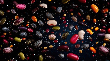 Colorful bean varieties bursting like fireworks against a starry backdrop, each one releasing vibrant glowing life-energy particles, creating stunning visual display of energy, movement, color cosmic 