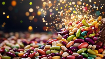 Colorful bean varieties bursting like fireworks against a starry backdrop, each one releasing vibrant glowing life-energy particles, creating stunning visual display of energy, movement, color cosmic 