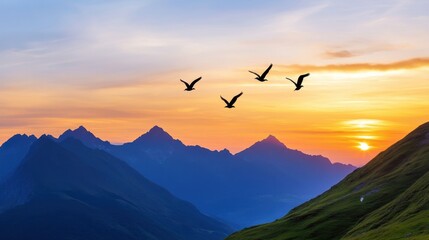 Silhouetted birds soar across a mountain range glowing with the last light of sunset